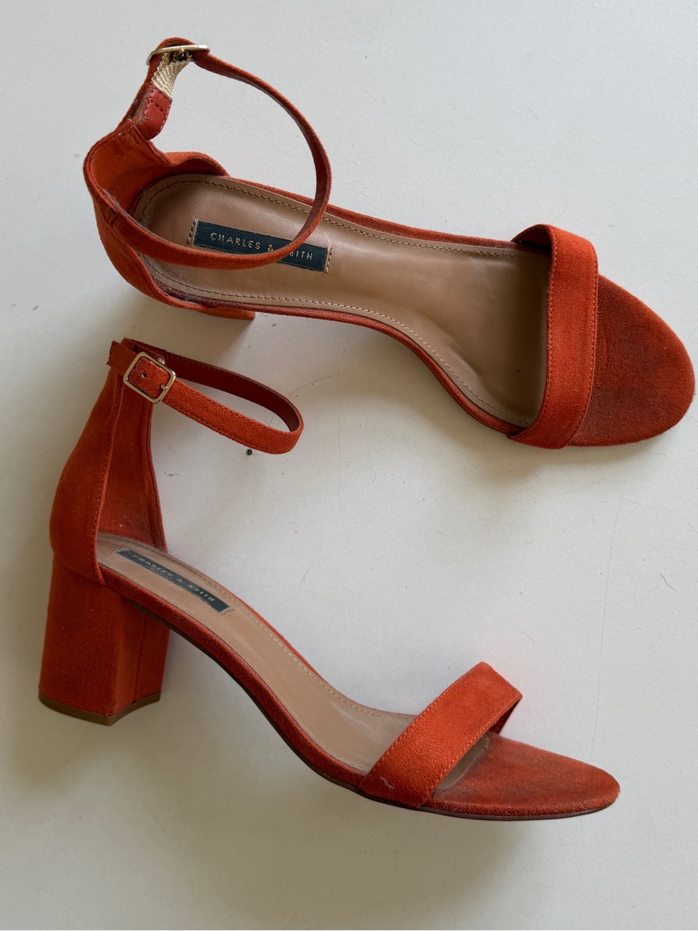 CHARLES & KEITH Rust Orange Suede Block Heel Sandals Size 39